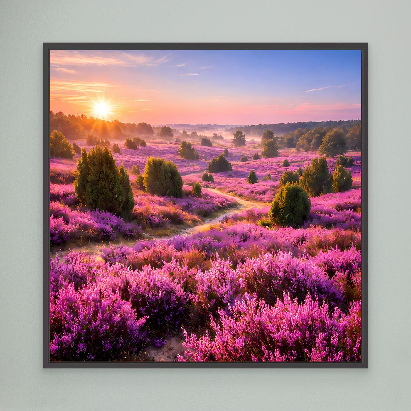 Leinwandbild mit blühender Heidekraut-Landschaft, Sonnenaufgang, schwarzer Rahmen