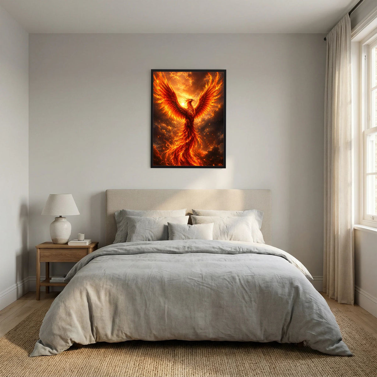 Wandposter mit flammendem Phönix, goldorange Flügel im schwarzen Rahmen