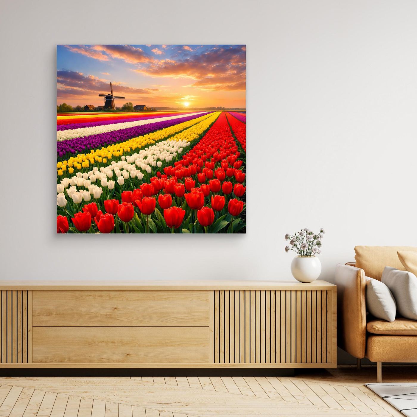 Leinwandbild Tulpenfeld mit Sonnenuntergang, Holzrahmen, rote Tulpenreihe mit lila Mittelstreifen