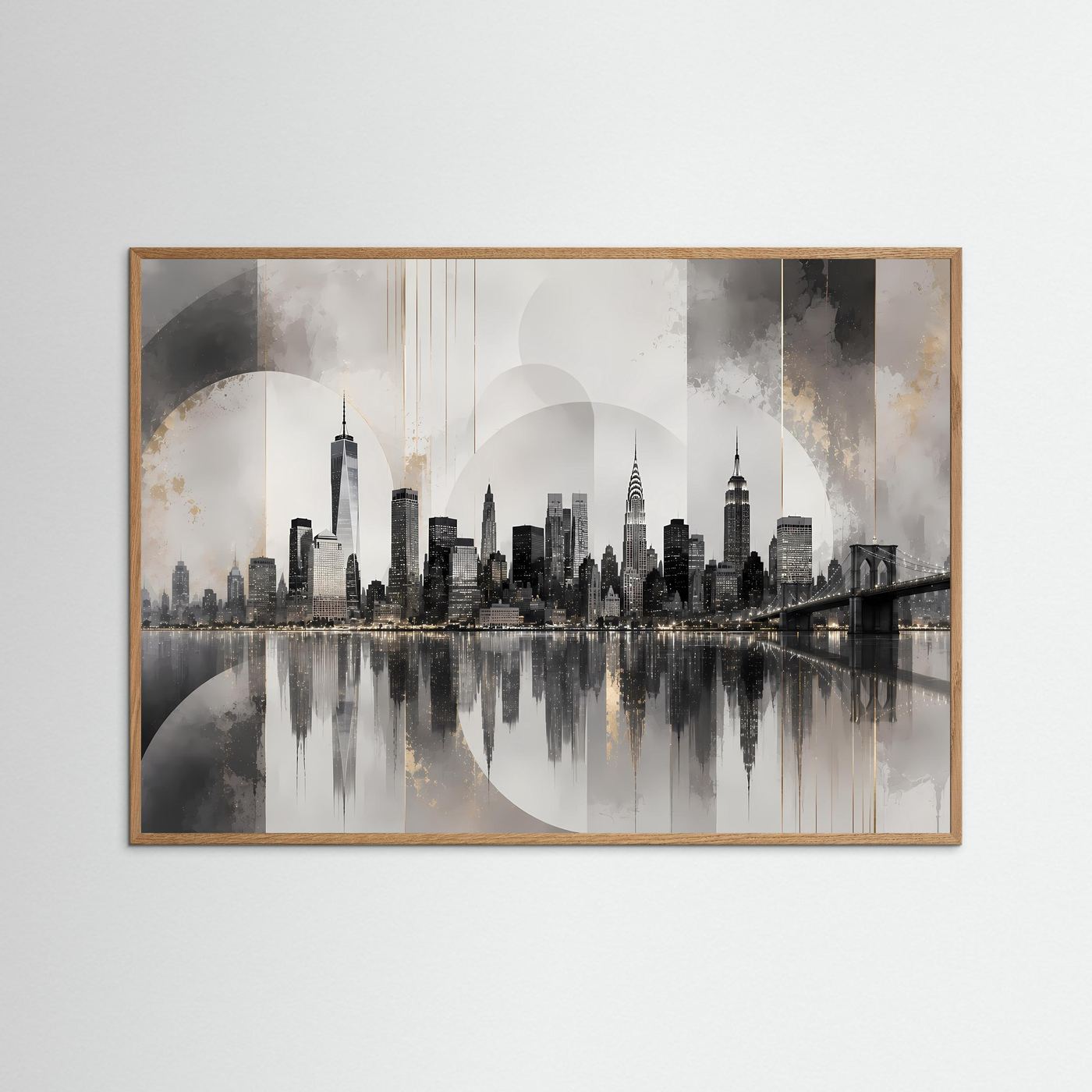 Querformatiges Skyline-Poster mit Brückenmotiv im hellem Holrahmen, Grau-Schwarz-Creme