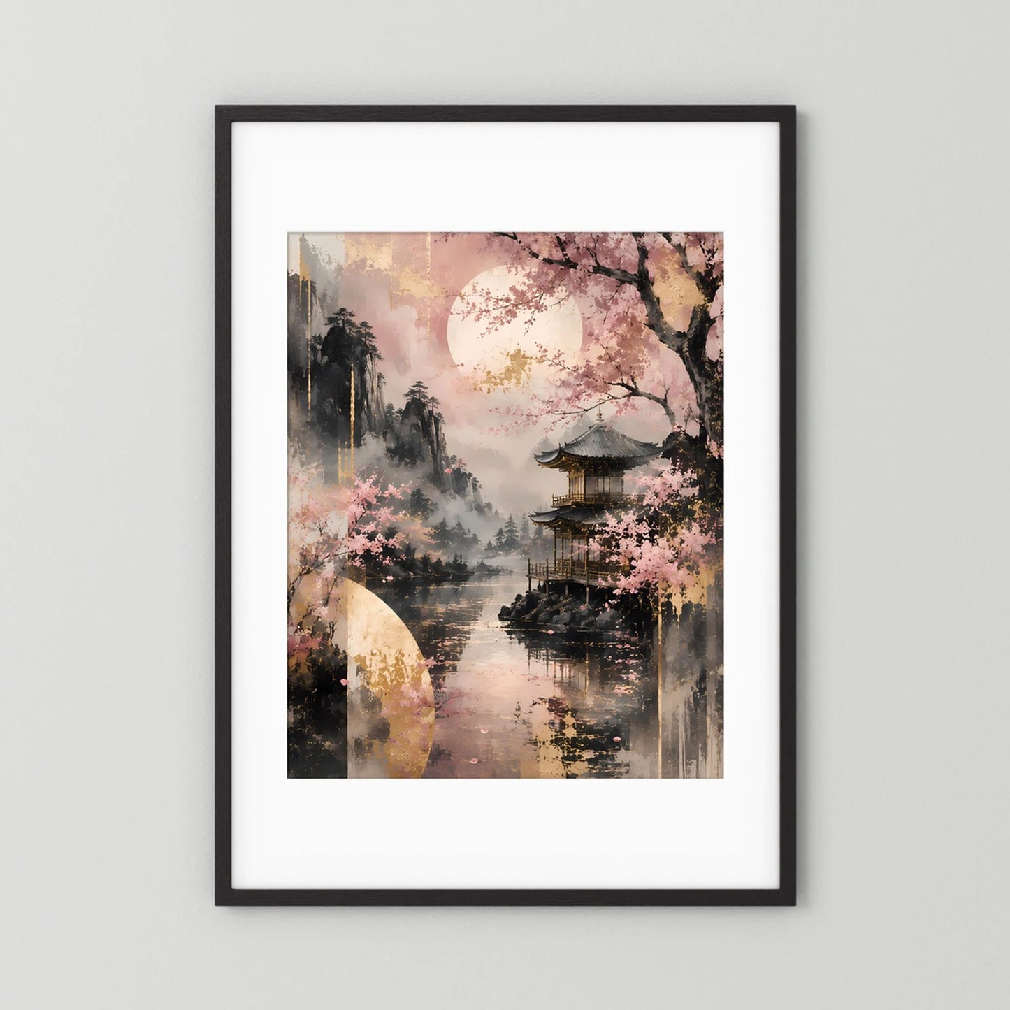 Hochformat-Poster mit Kirschblüten und Tempel am See, schwarzer Rahmen mit weißem Rand