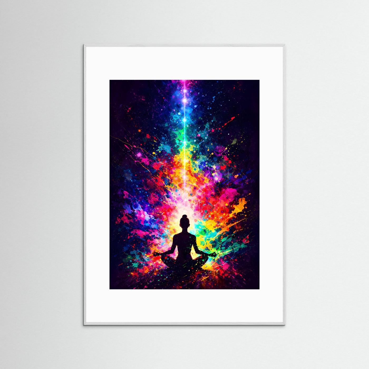 Innere Harmonie & Kosmische Energie | Abstraktes Meditations-Poster mit Yoga Silhouette in Neonfarben | Modernes Kunstposter Hochformat