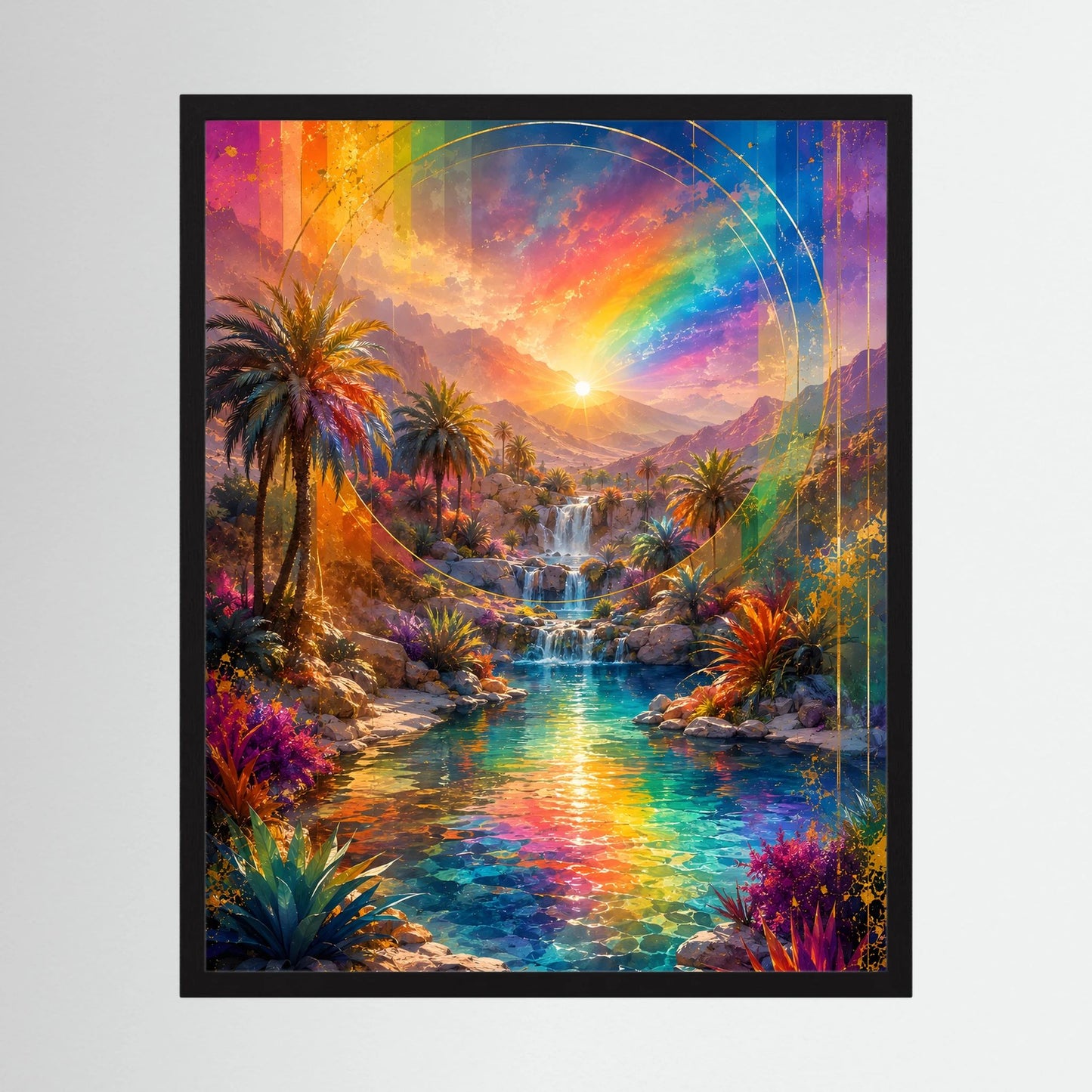 Hochformatiges Poster mit Regenbogen über Wasserfall und Palmen im schwarzen Rahmen.