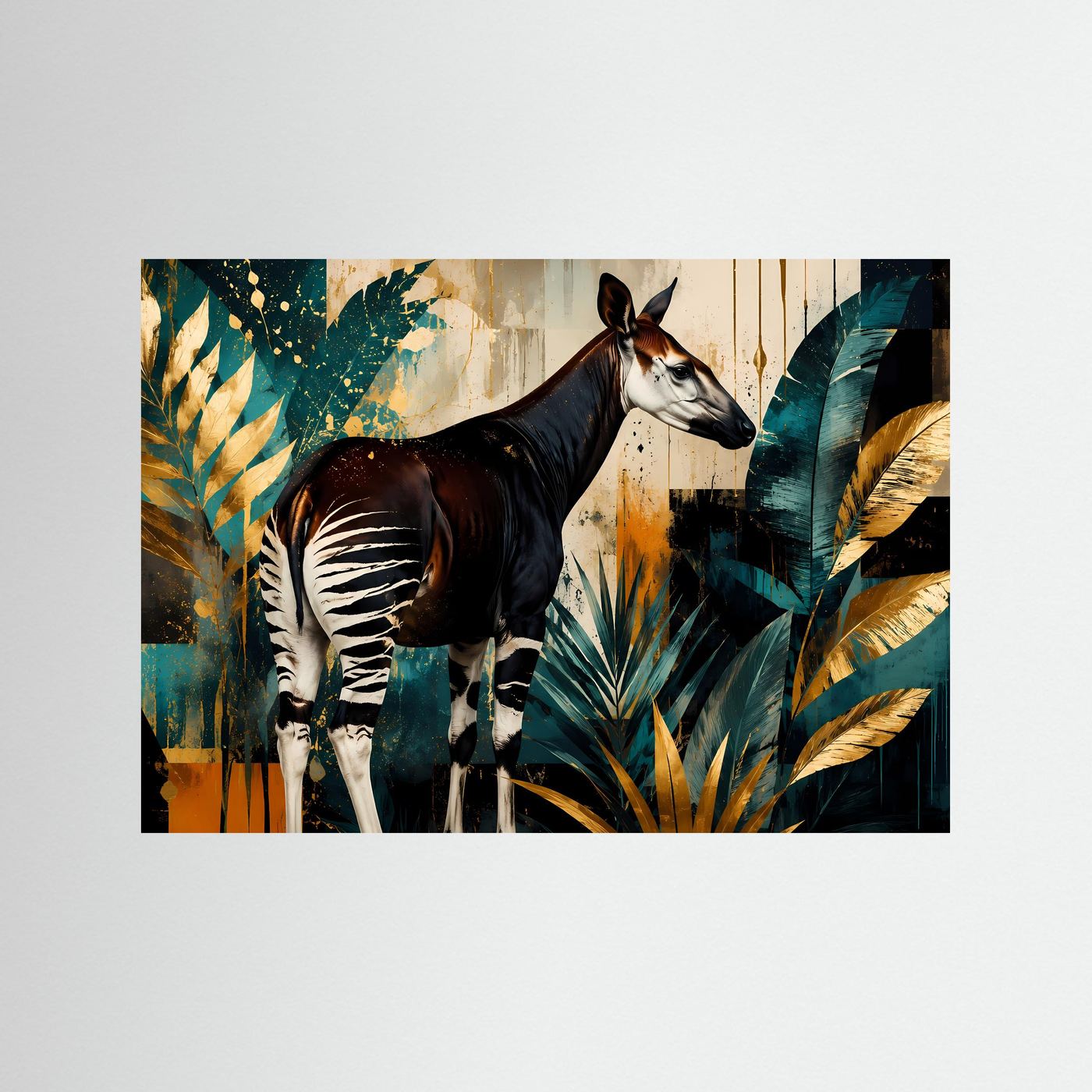 Anmutige Okapi im Dschungel-Farbspiel | Modernes Wildlife- & Dschungel-Poster Querformat