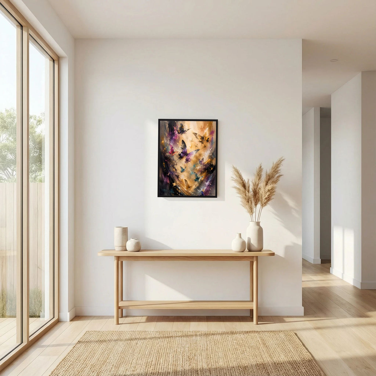 Hochformat-Poster mit Schmetterlingskunst in Gold, Violett und Blau, schwarzer Rahmen