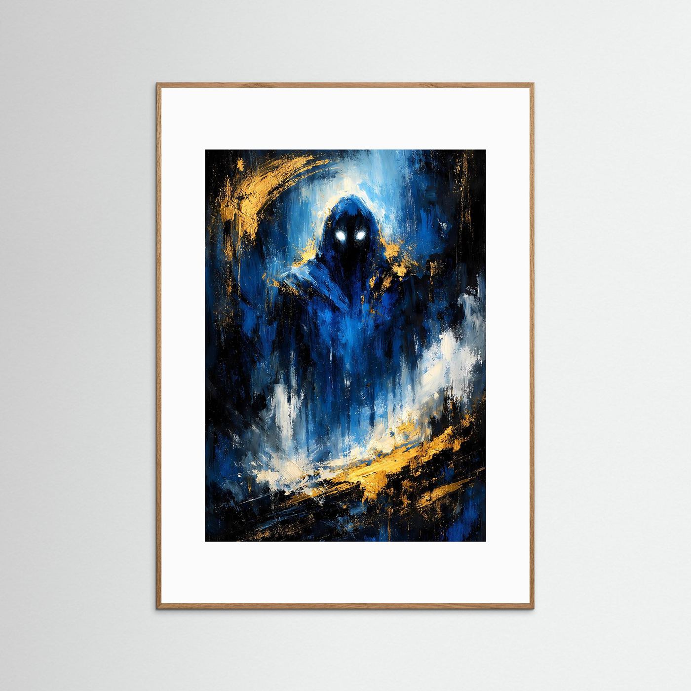 Fantasy-Poster im Hochformat mit abstrakter Magiersilhouette, hellbraunem Rahmen