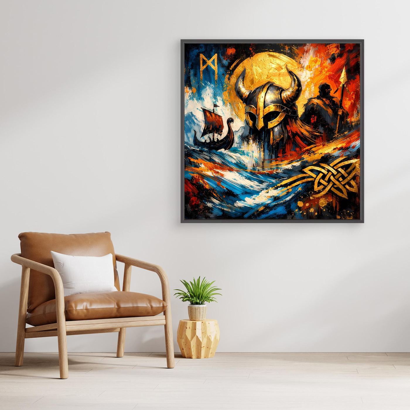 Leinwandbild mit Wikingerhelm, abstrakter Mythologie mit bunten Lichtpunkten und Wellenform