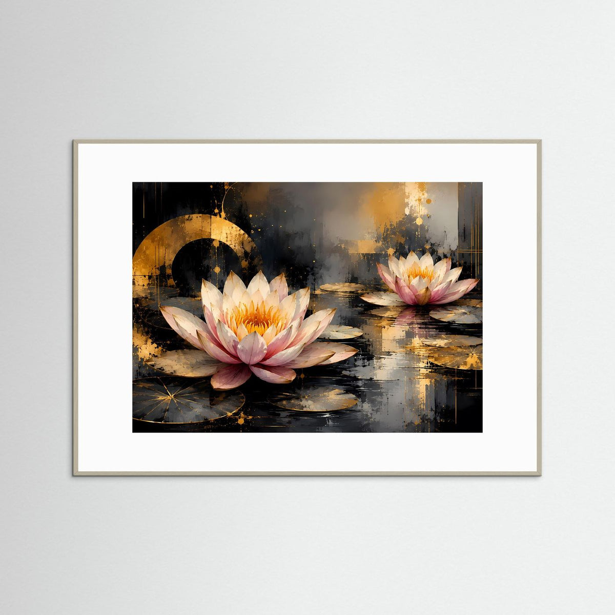 Blumenposter mit Lotusblüten in Rosa und Gold, querformatig im grauen Rahmen
