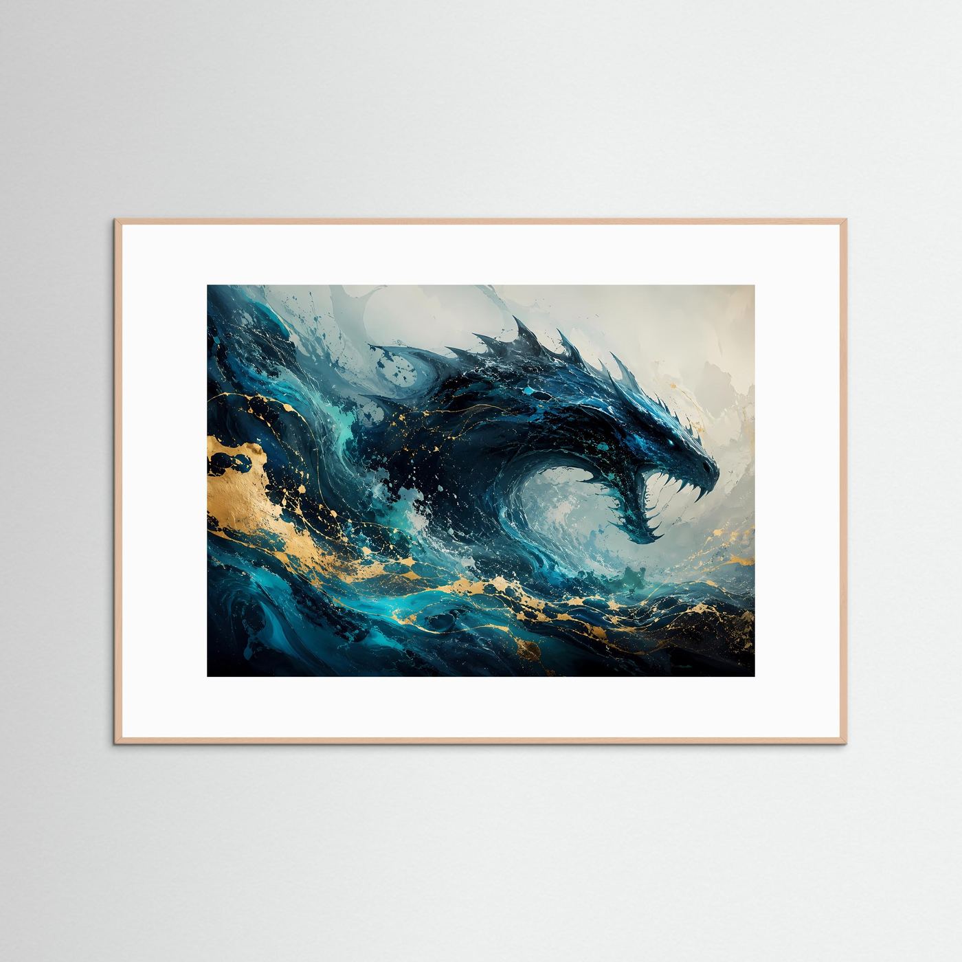 Fantasy-Wasserdrache-Poster mit hellem Holzrahmen, Drache über tobendem Meer