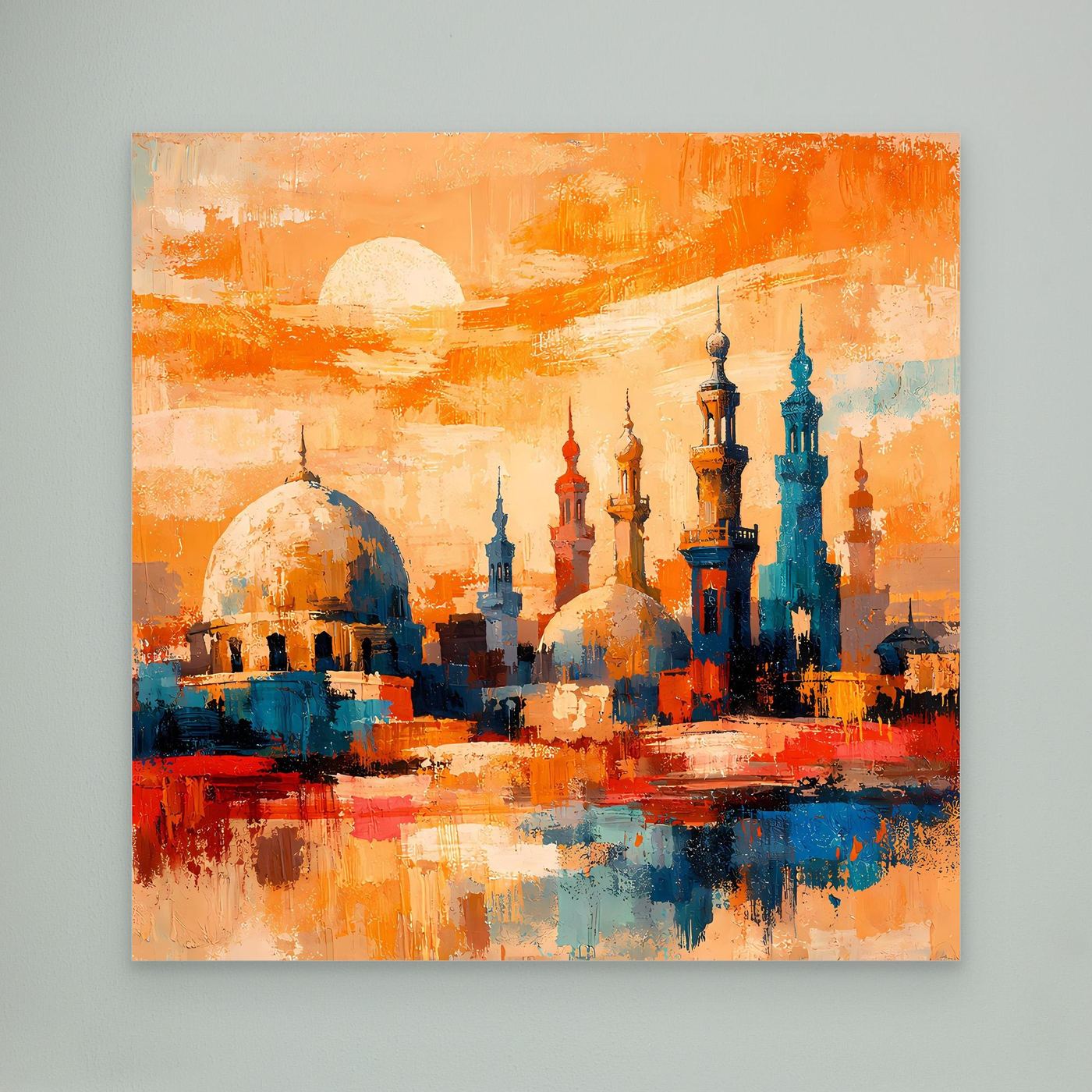 Abstraktes Leinwandbild mit orientalischer Skyline und Minaretten, orangefarbene Sonne, türkisblaues Wasser