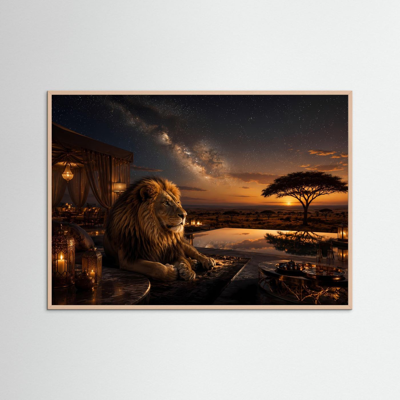 Majestätischer Löwe unter Sternenhimmel | Luxus Safari & Afrika Poster Querformat