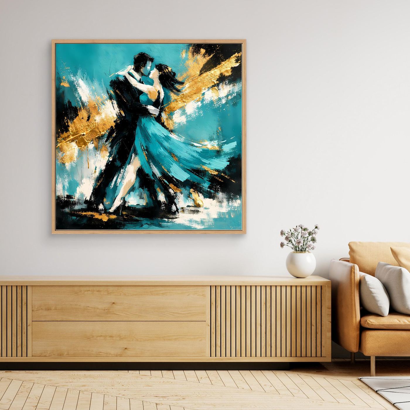 Leinwand Abstraktes Tanzpaar in Türkis und Gold | Modernes Romantisches Paar Wandbild