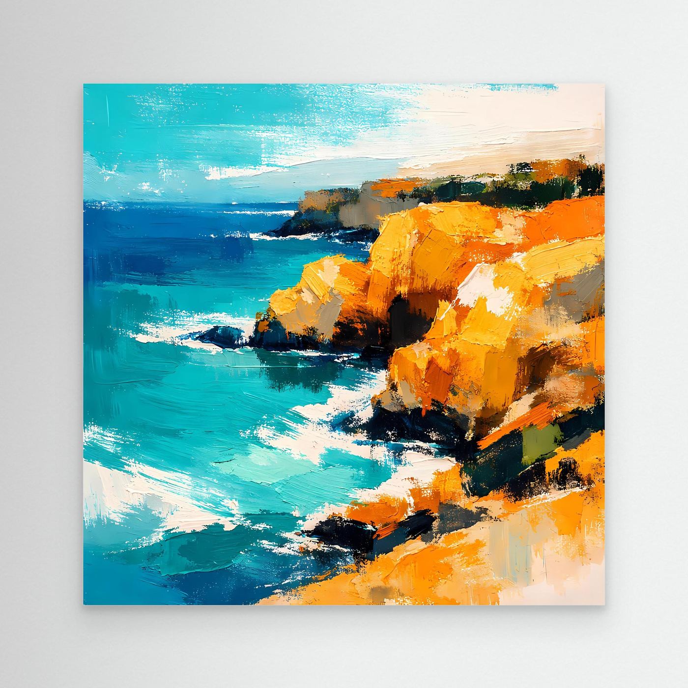 Leinwand Abstraktes Steilküsten Gemälde | Modernes Mediterranes Meeres Wandbild Blau Gelb