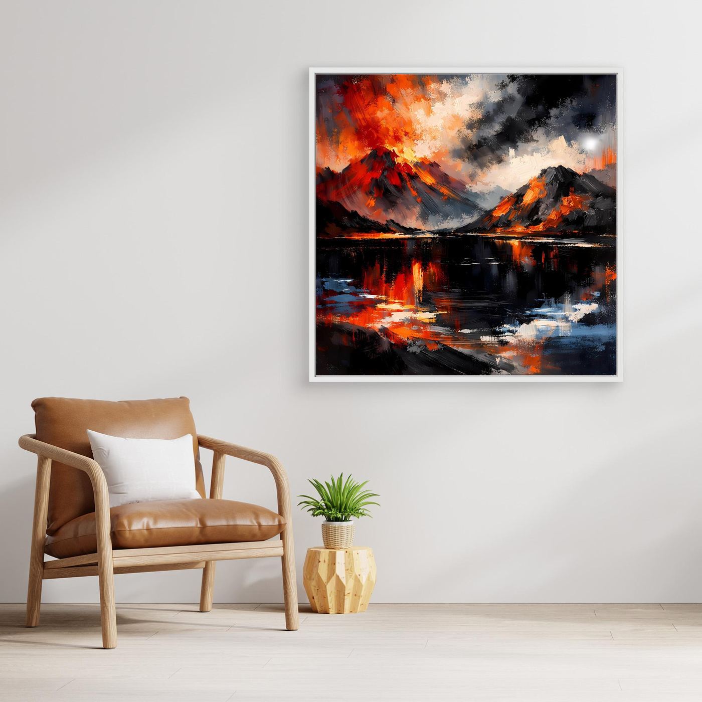 Abstraktes Lava-Wandbild mit See-Reflexionen, weißer Rahmen