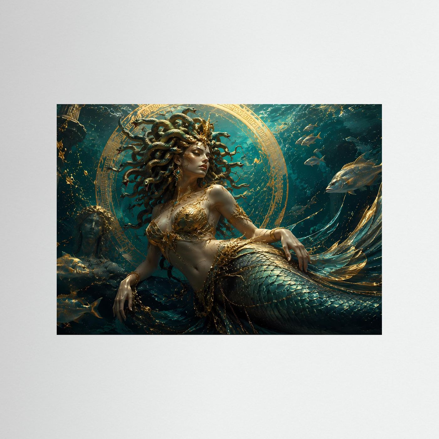 Medusa Unterwasser Poster Querformat | Mythologische Wandkunst in Gold & Türkis | Luxuriöses Fantasy Wandbild