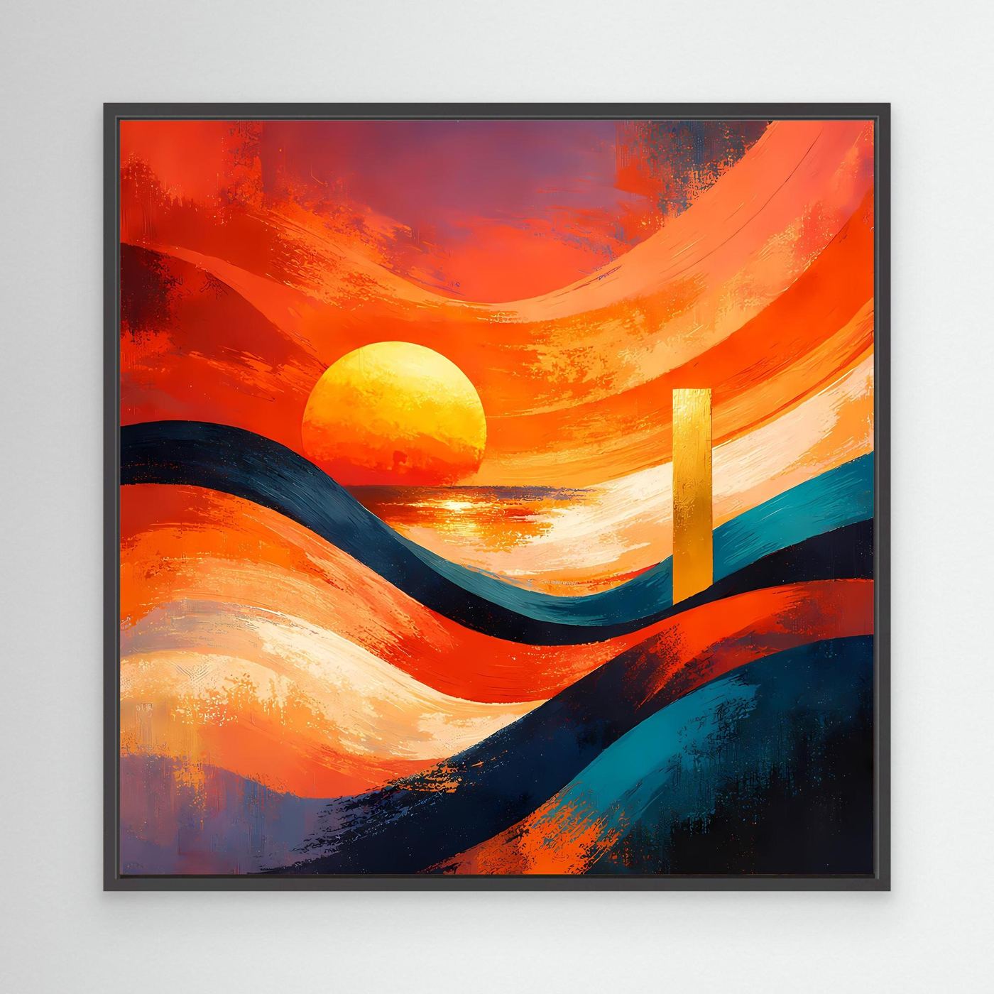 Leinwandbild mit schwarzem Rahmen: abstrakte Küste mit Sonne, Orange- und Blaustrichen