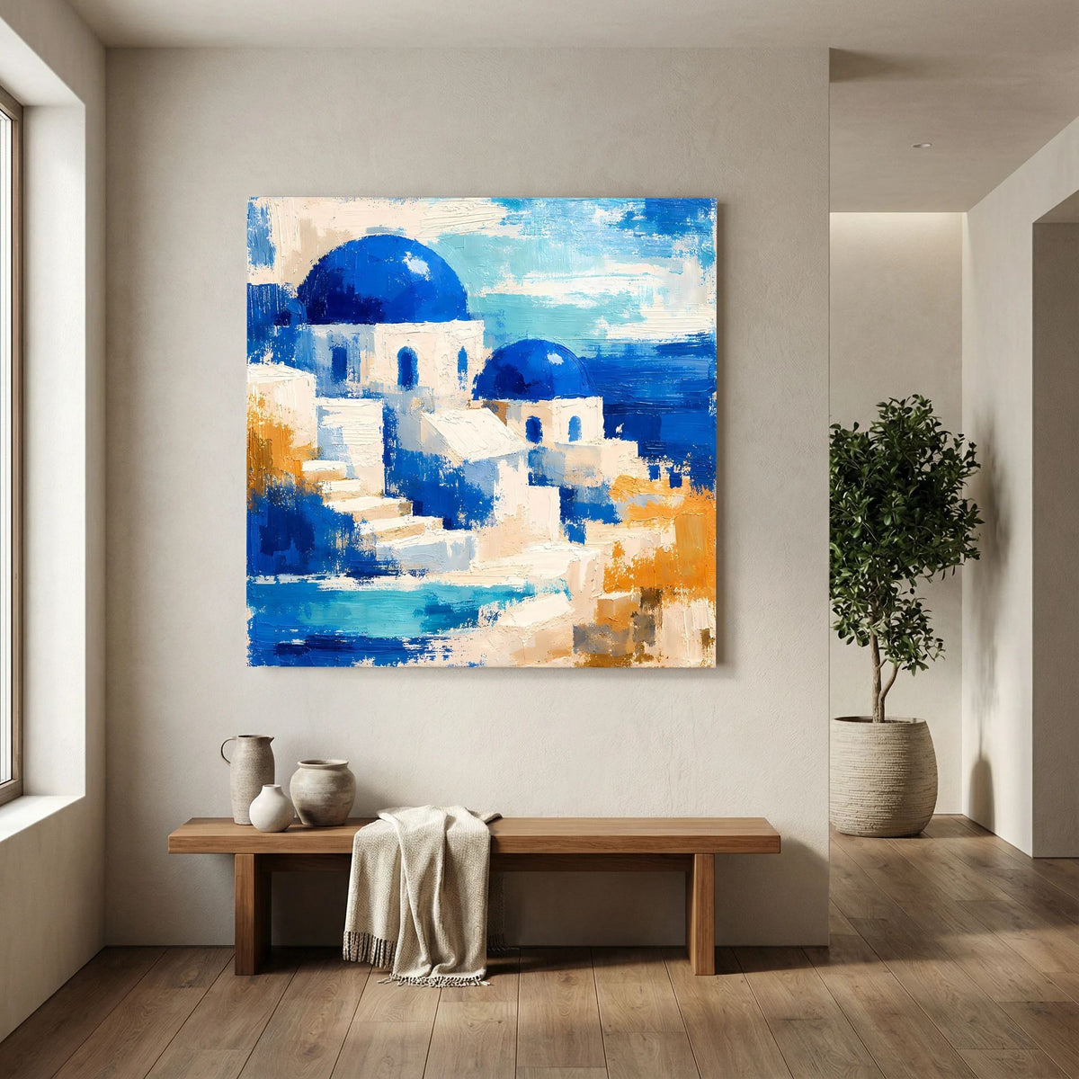 Quadratisches Leinwand-Wandbild mit Pinselstrich-Optik: Santorin-Häuser in Blau