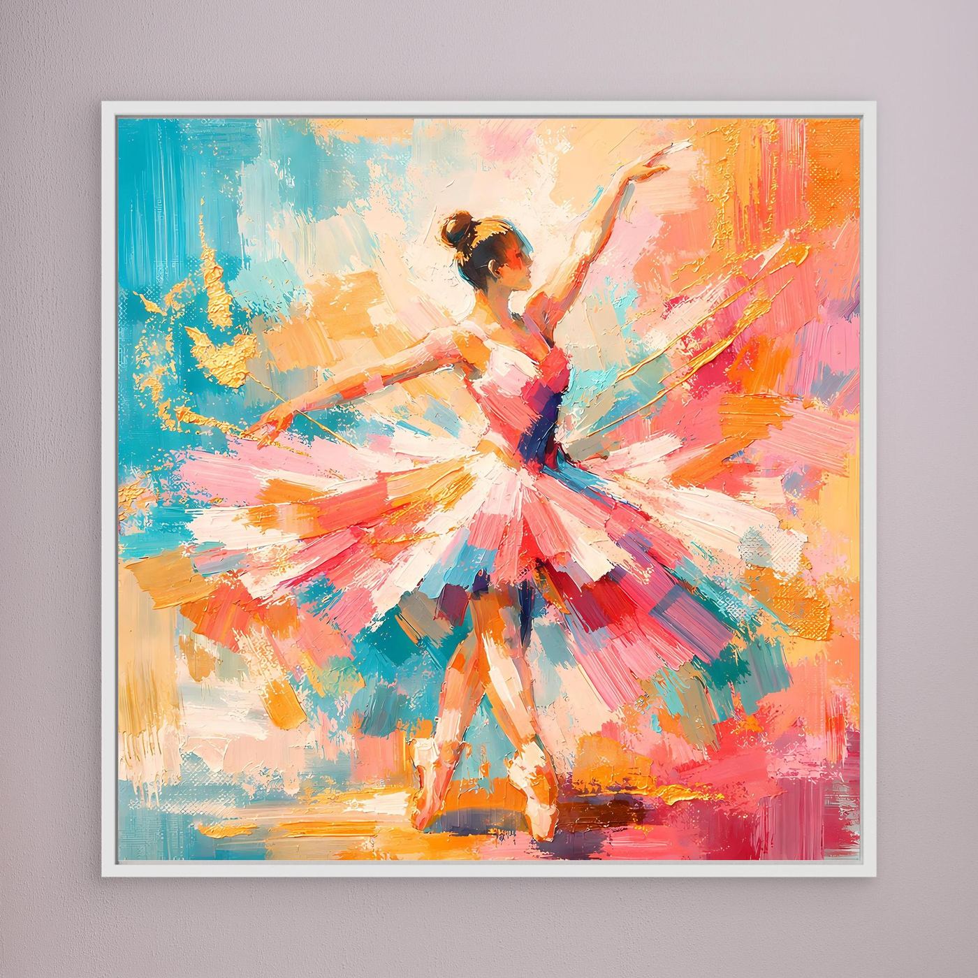 Abstraktes Leinwandbild mit Ballerina, buntes Kleid, weißer Rahmen