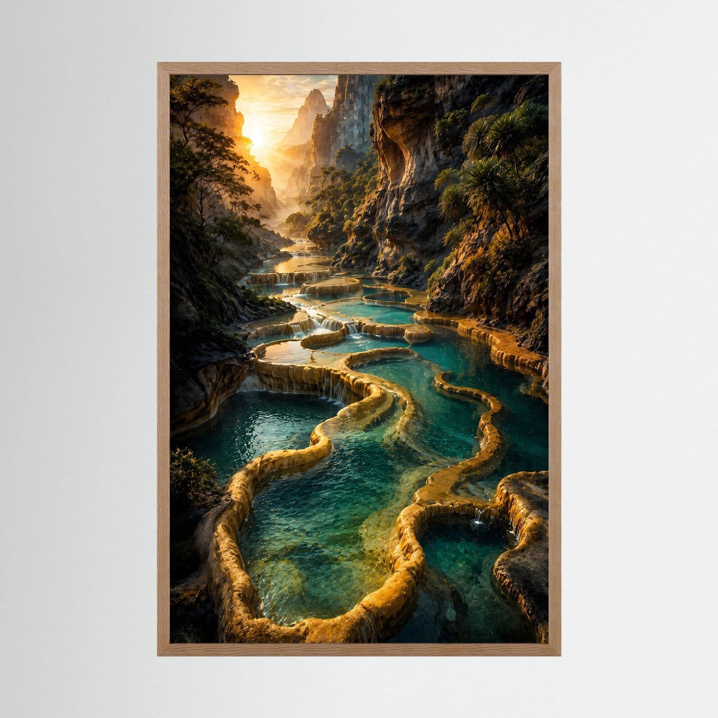 Poster im Hochformat mit hellem Holzrahmen: türkisfarbene Wasserterrassen in Schluchten.