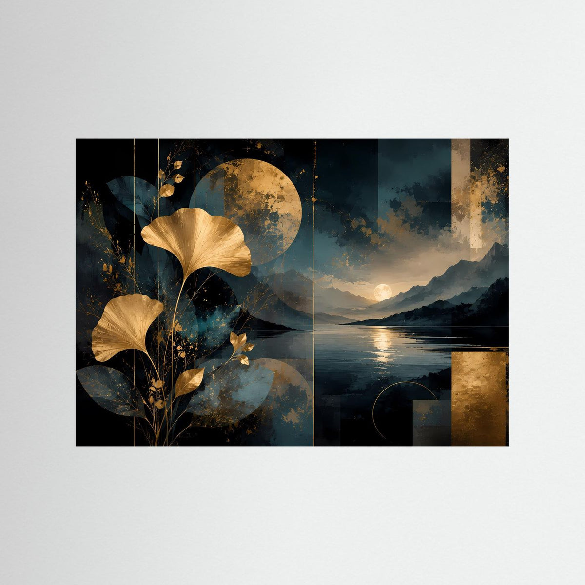 Abstraktes Naturkunst-Poster mit goldenen Ginkgo-Blättern und dunkler Bergsee-Szene im Querformat