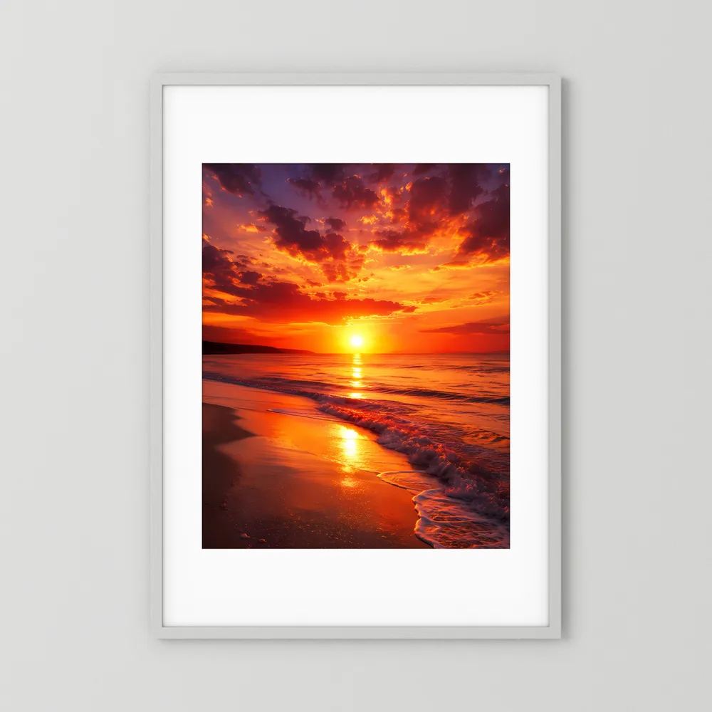 Poster im weißen Rahmen mit weißem Passepartout, Sonnenuntergang am Strand