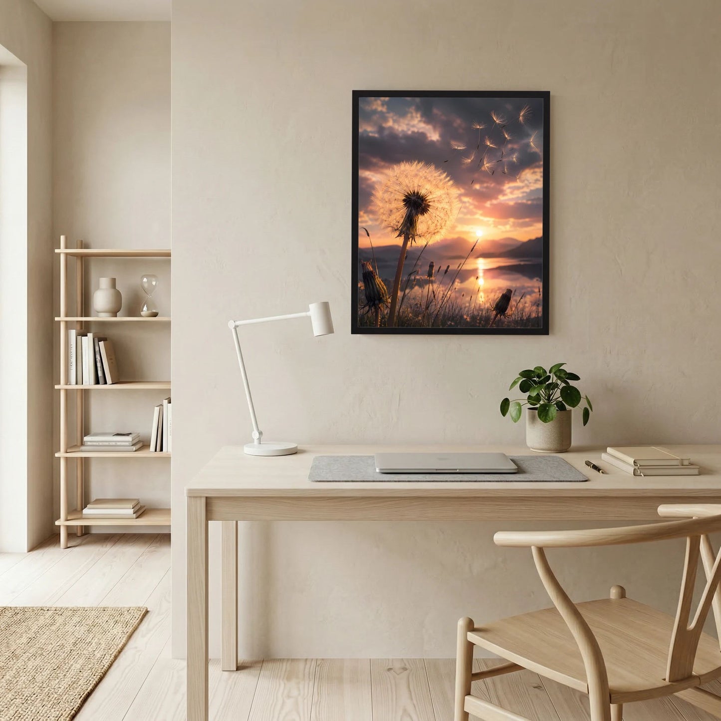 Hochformatposter mit Pusteblume bei Sonnenuntergang, im schwarzen Rahmen