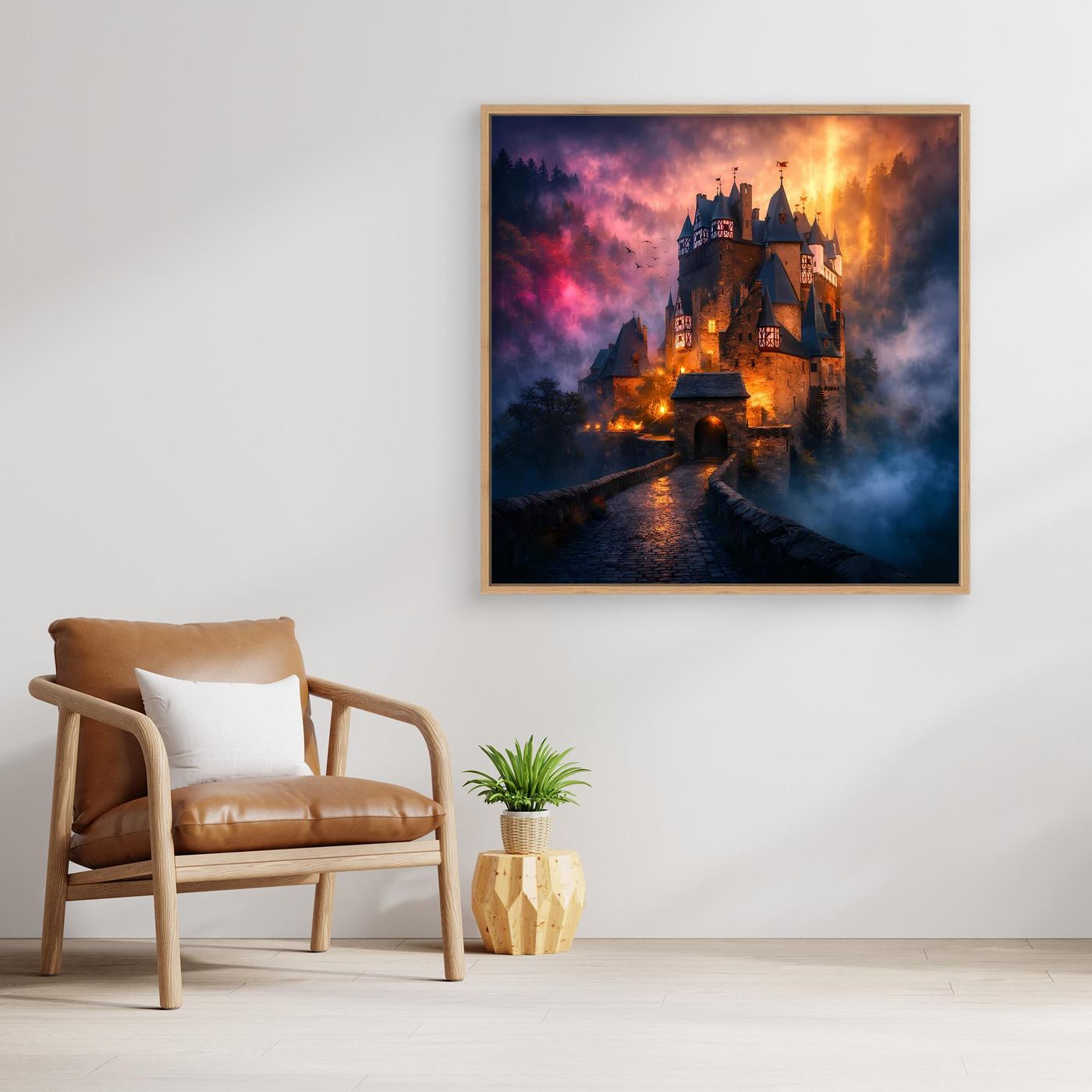 Leinwand Mystische Ritterburg im Nebel | Abstraktes Märchenschloss Wandbild