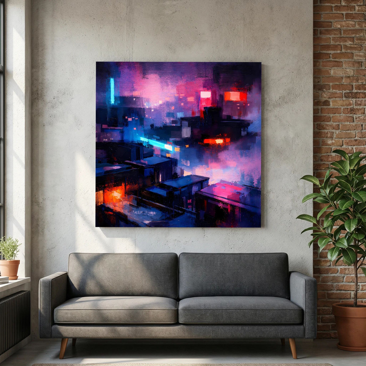 Wandbild auf Leinwand mit Neon-Stadt bei Nacht, blau-violett, dunkler Rahmen