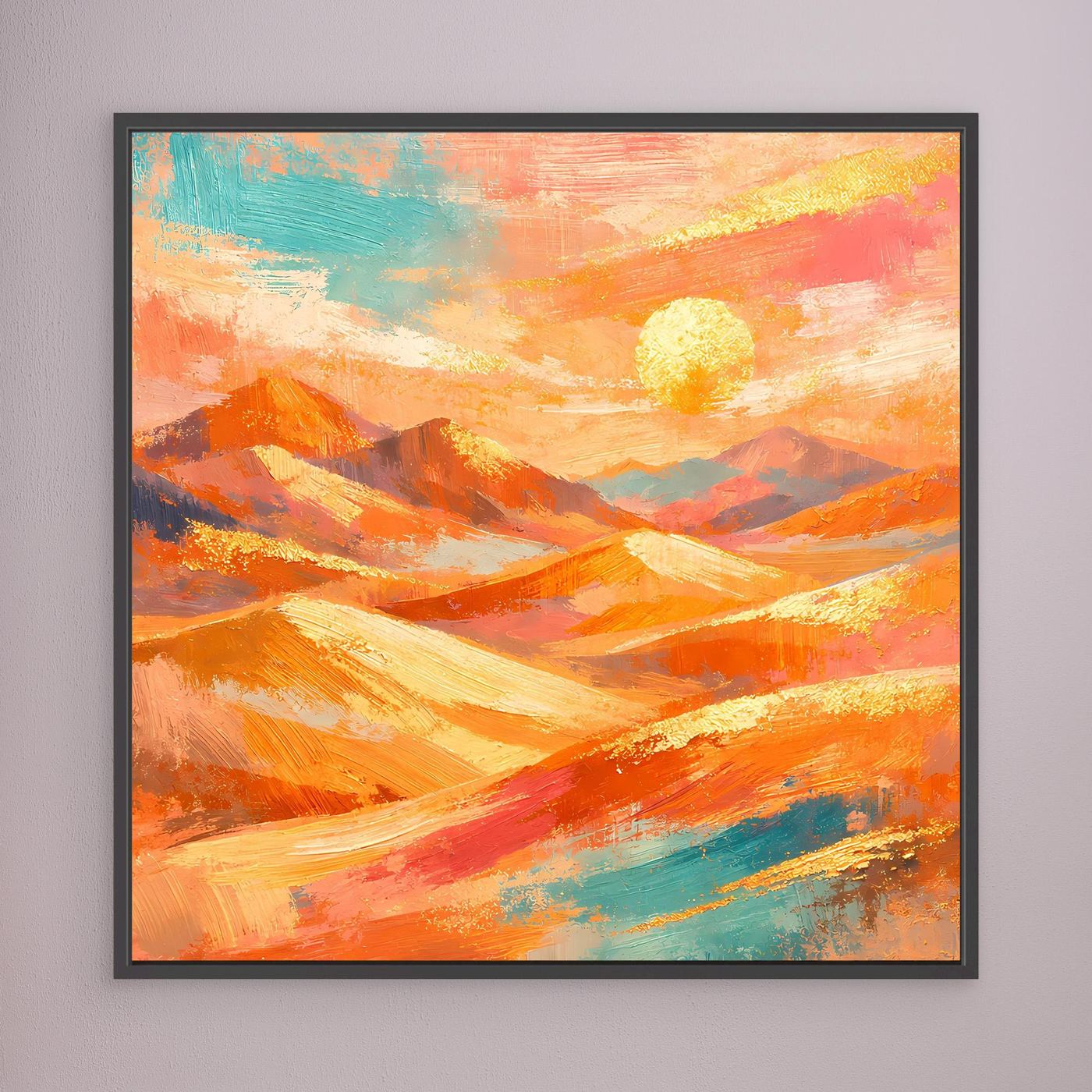 Abstraktes Leinwandbild mit schwarzem Rahmen, Wüstenberge in Orange mit gelber Sonne