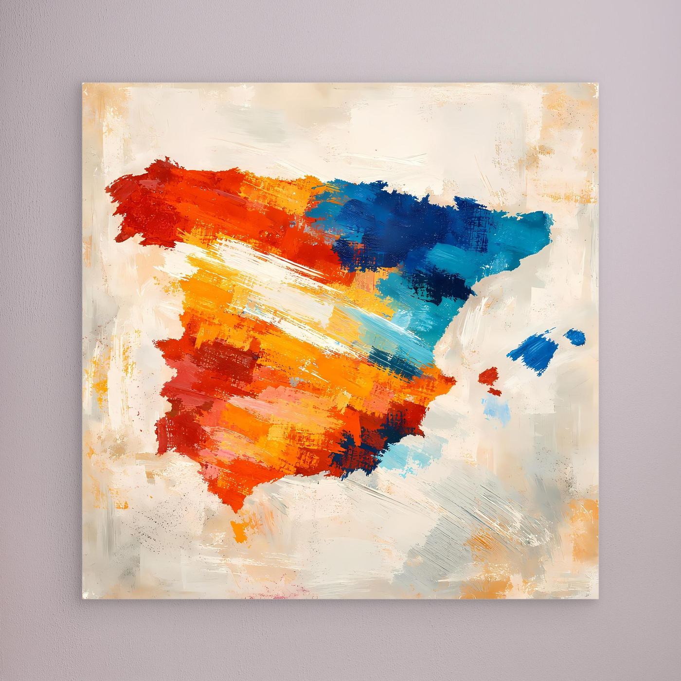 Abstract Spain map wall art with red and blue brush strokes on cream canvas
