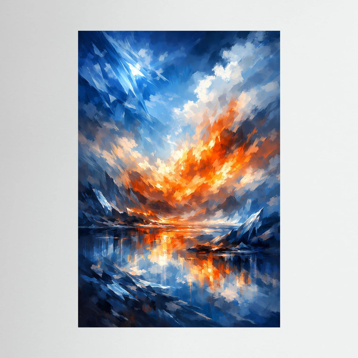 Abstraktes Wandbild-Poster mit blauen Pinselstrichen, orangeem Feuer und Wasserreflexion