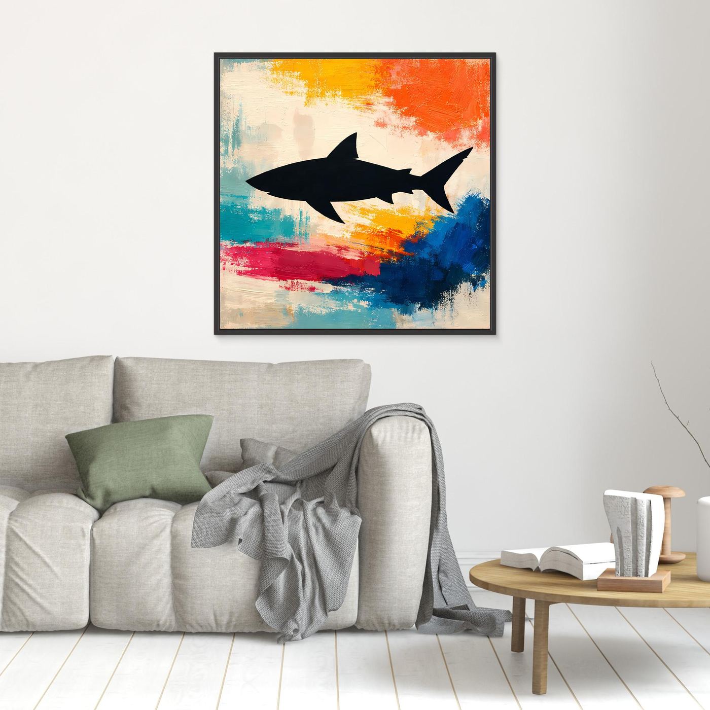 Leinwand Minimalistische Hai-Silhouette im Farbenmeer | Abstraktes Pop-Art Wandbild