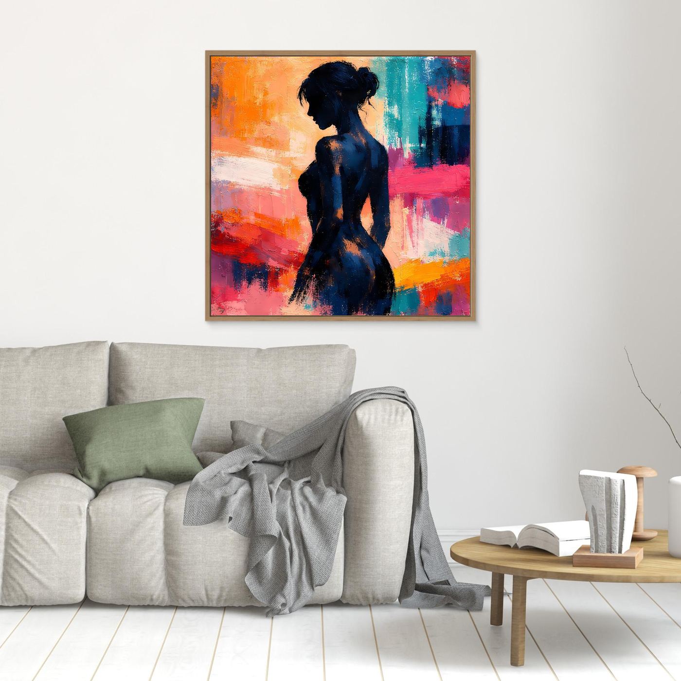 Kleines Leinwand-Wandbild mit abstrakter Frauen-Silhouette in dunklem Blau, brauner Holzrahmen