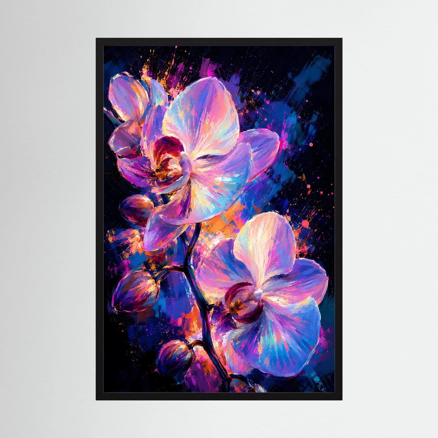 Gerahmtes Hochformat-Poster mit leuchtenden Orchideen in Pink, Violett und Blau