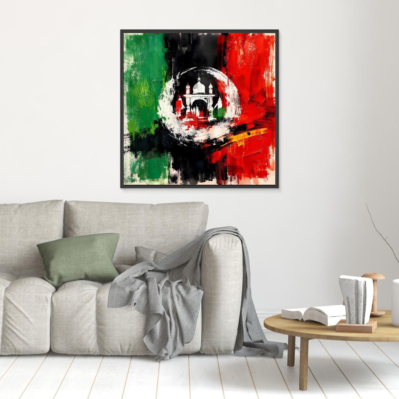 Black-framed canvas wall art with abstract Afghanistan flag colors and central emblem