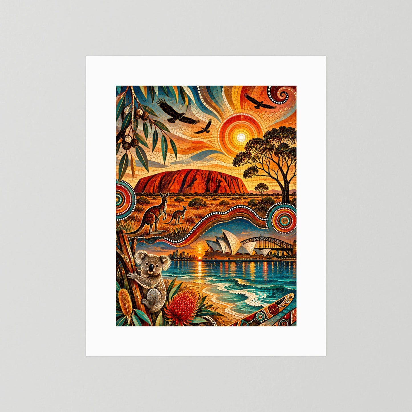 Australien Mosaik | Uluru, Kängurus, Koala & Sydney im Aboriginal-inspirierten Stil | Poster Hochformat
