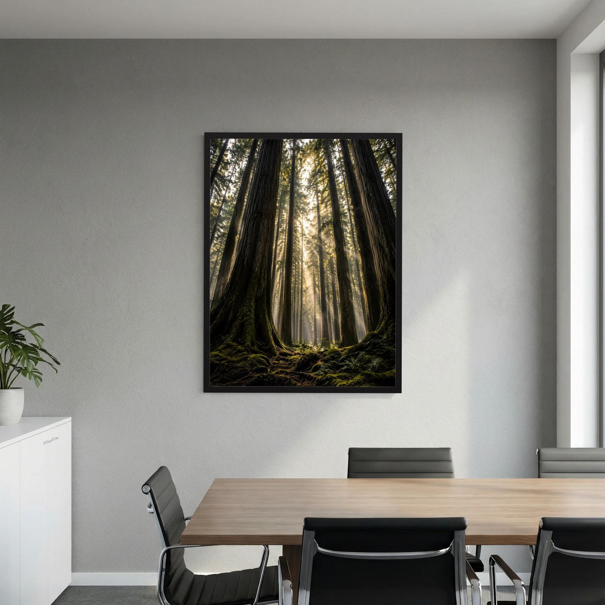 Hochformatiges Poster mit schwarzem Rahmen: dunkler Waldgrund, Sonnenlicht zwischen Stämmen
