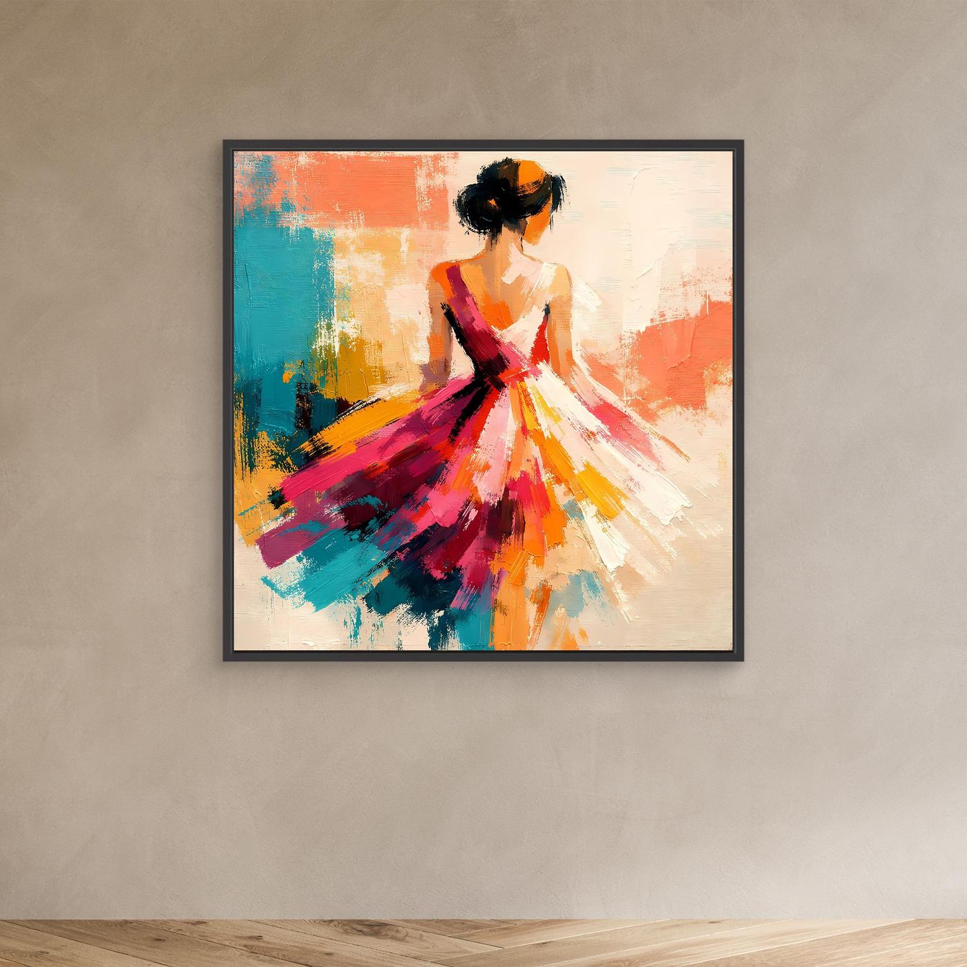 Leinwand-Wandbild: abstrakte Frau im bunten Kleid, mit schwarzem Rahmen, Gesamtansicht im Raum.