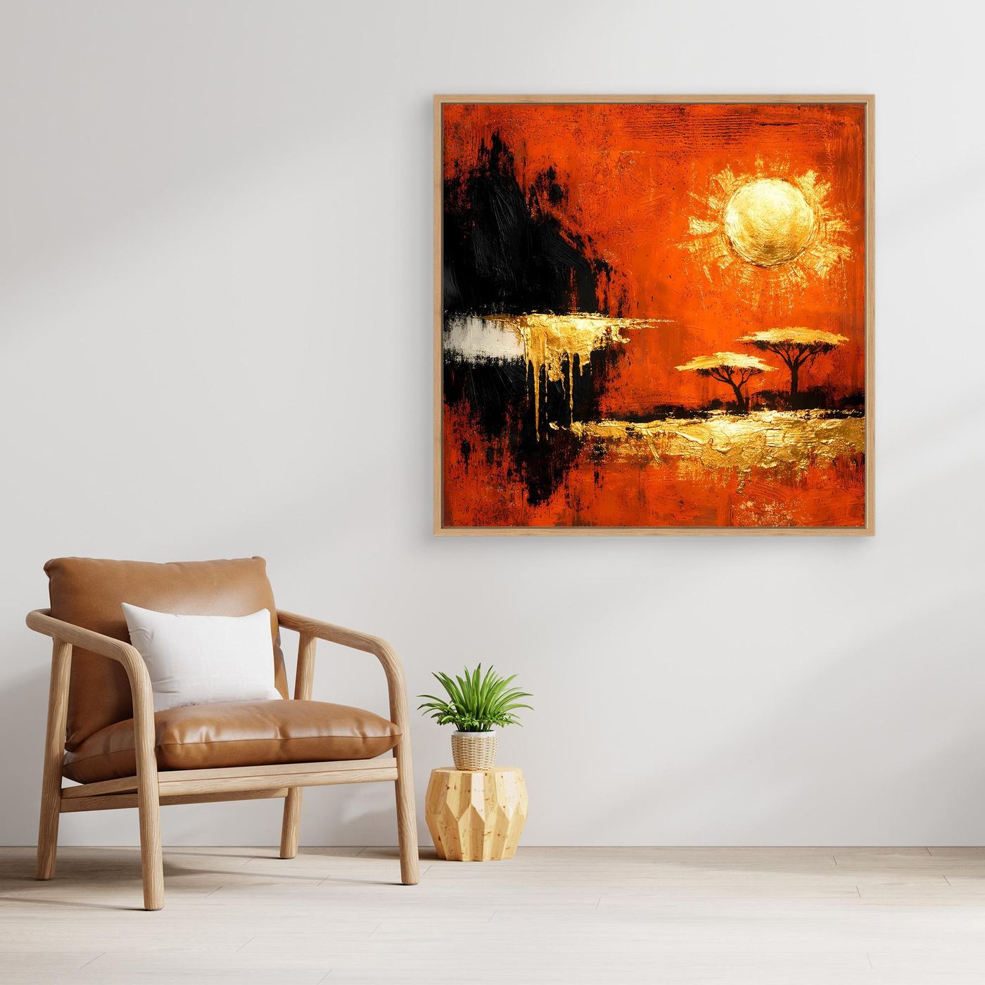 Leinwand Abstrakte Savanne bei Sonnenuntergang | Modernes Afrika Wandbild in Rot und Gold