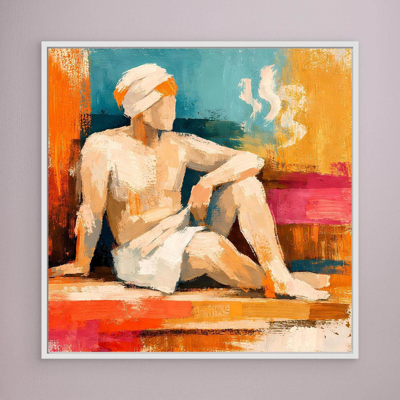 Abstract canvas wall art with seated figure, teal and orange paint, light frame