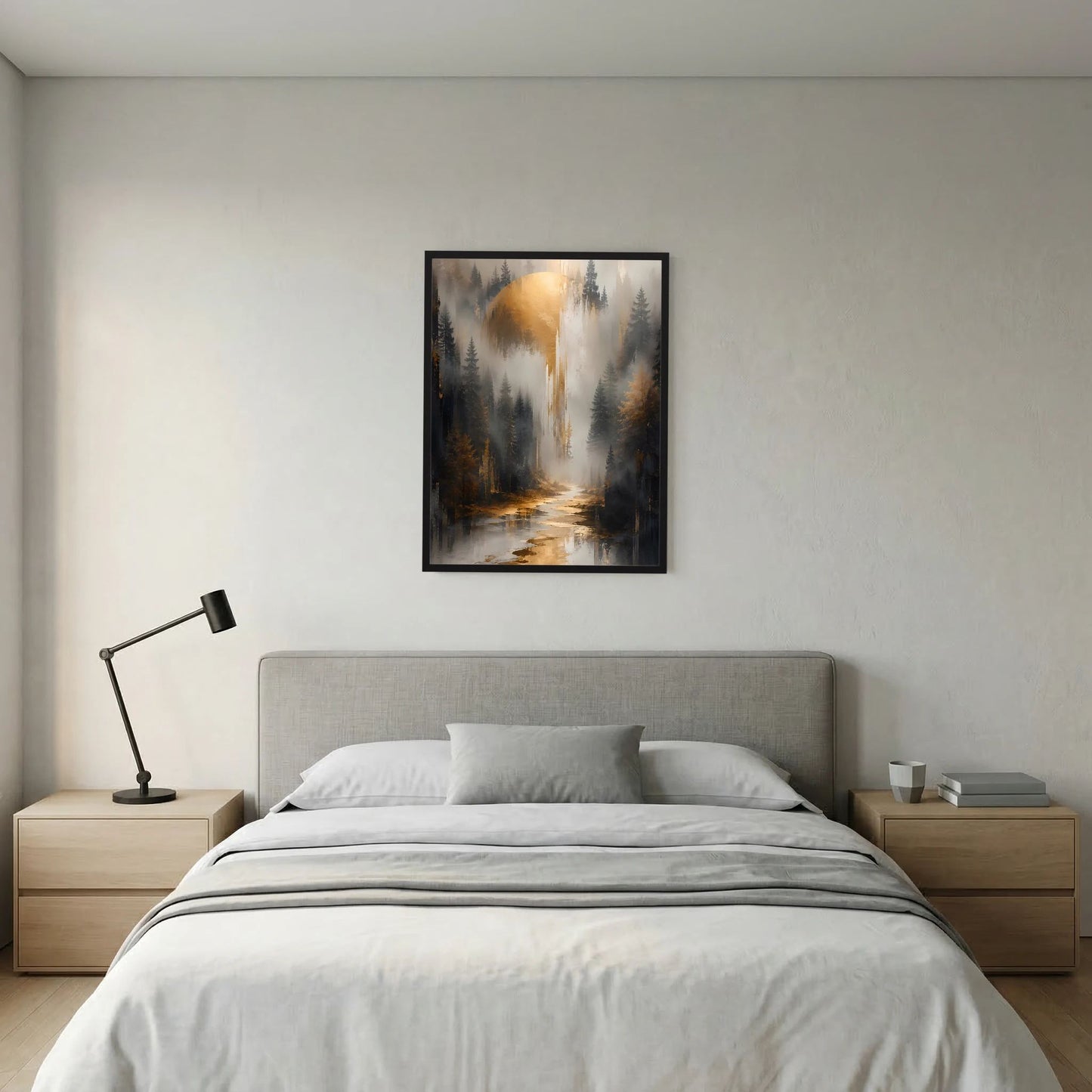 Poster im Hochformat mit schwarzem Rahmen: nebliger Waldkorridor mit Fluss und Licht.
