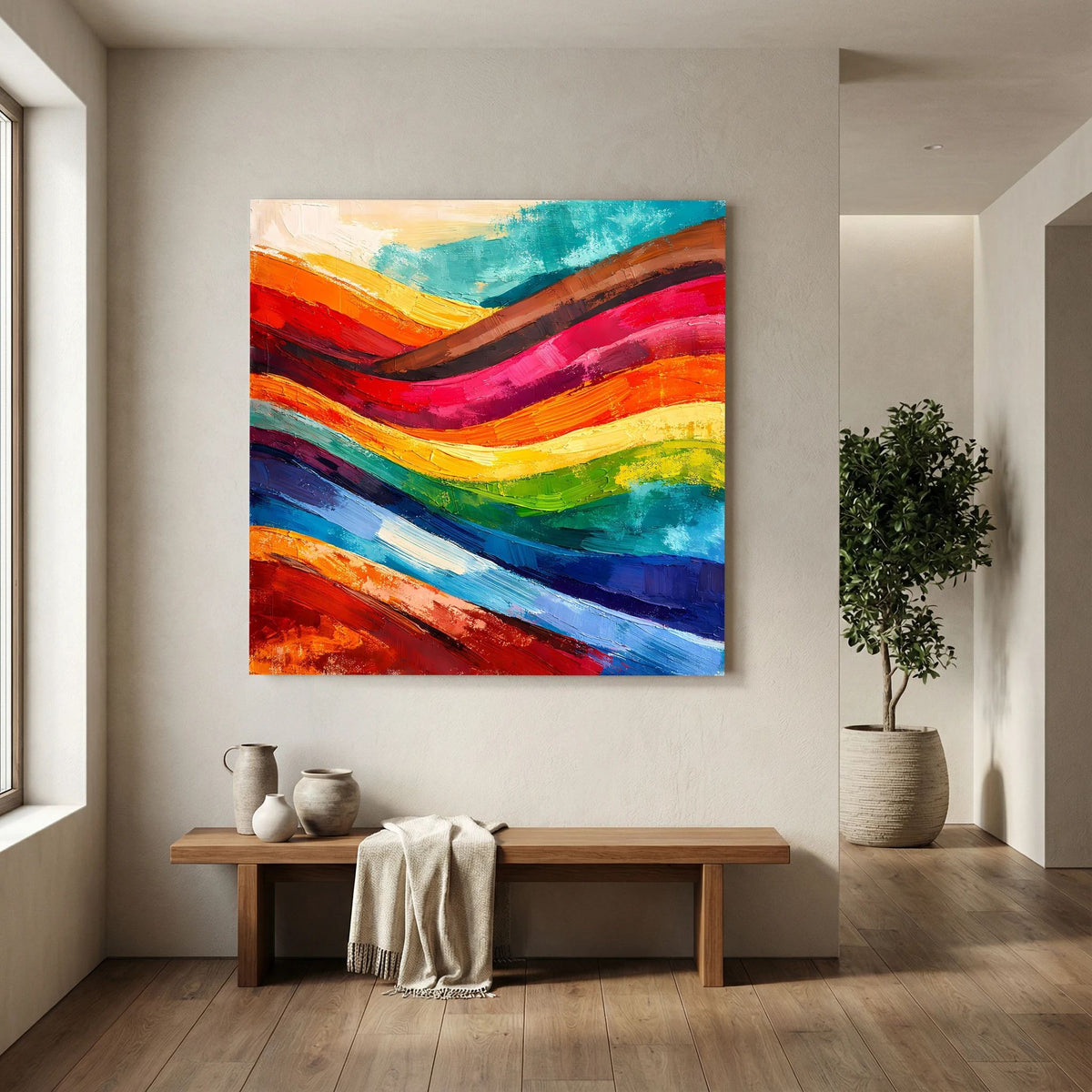 Abstraktes Leinwandbild an der Wand: bunte, geschwungene Streifen mit türkisfarbenen Akzenten.