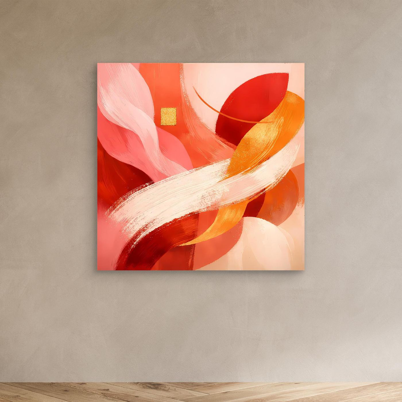 Quadratisches Leinwandbild mit roten, orangen und goldenen abstrakten Pinselstrichen