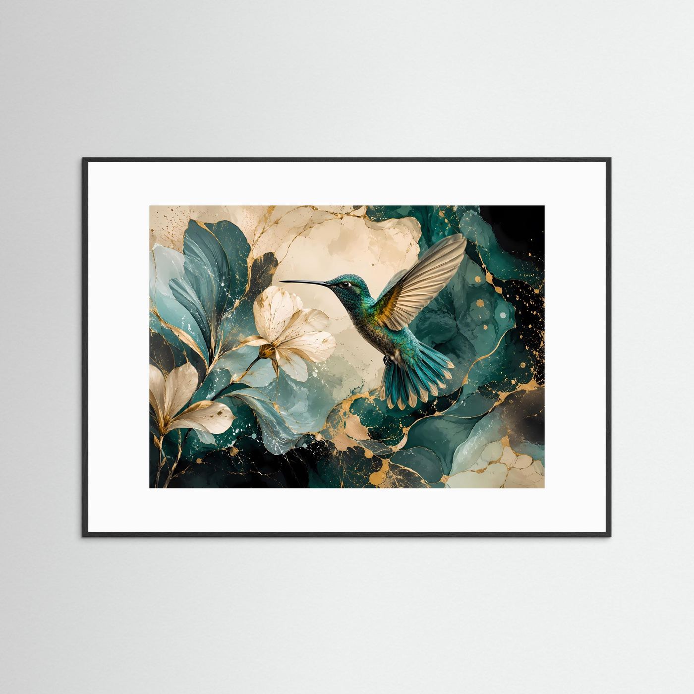 Kolibri mit Magnolienblüten Poster | Elegante Vogelkunst in Türkis Gold Modernes Blumen Wandbild Querformat