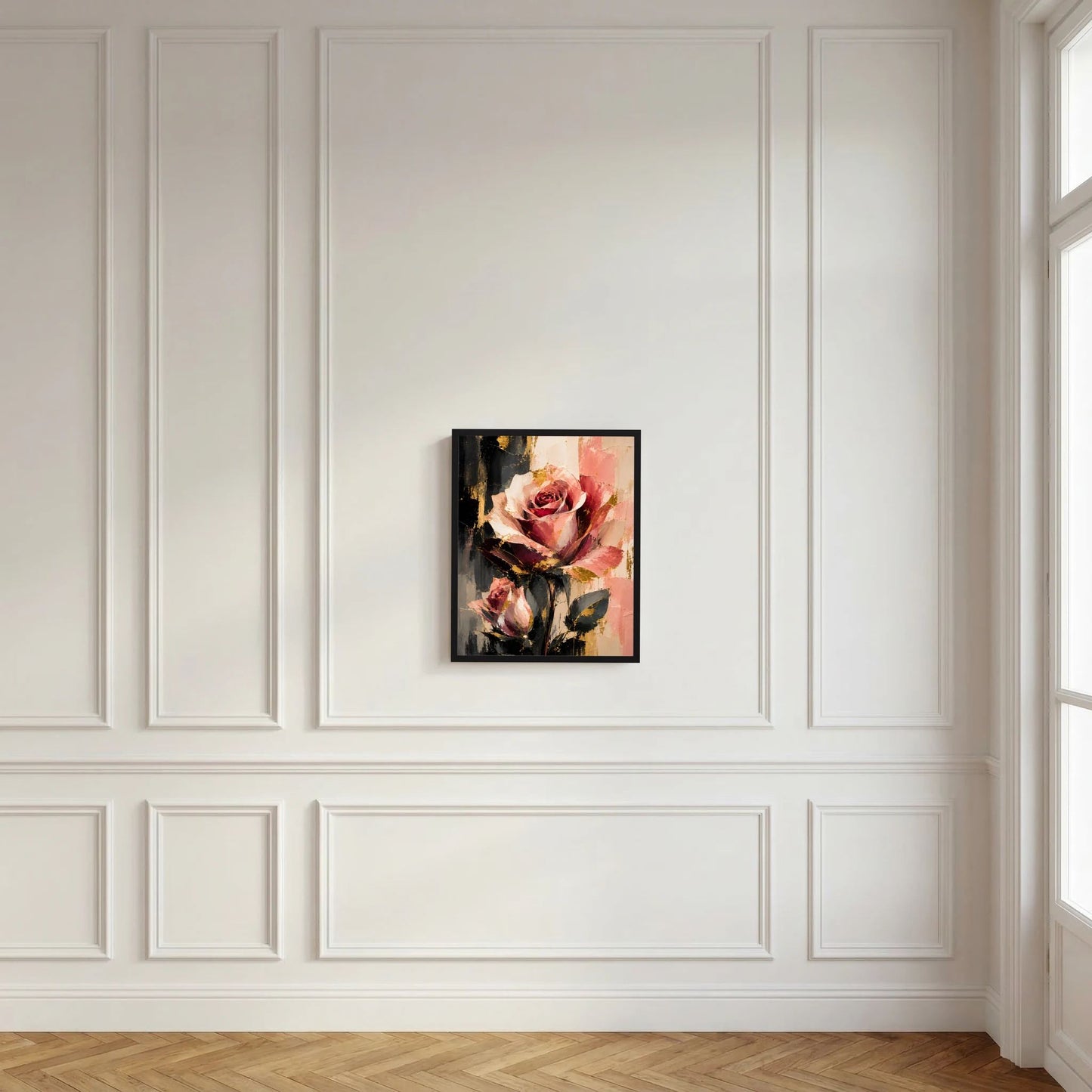 Gerahmtes Rosenblumen-Poster mit rosafarbenen Blüten und dunklen Akzenten, abstrakt