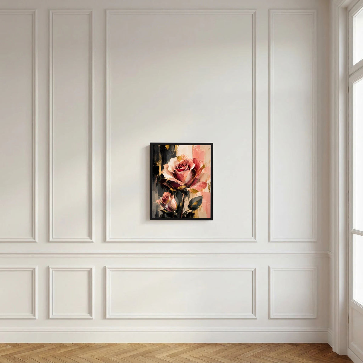 Gerahmtes Rosenblumen-Poster mit rosafarbenen Blüten und dunklen Akzenten, abstrakt