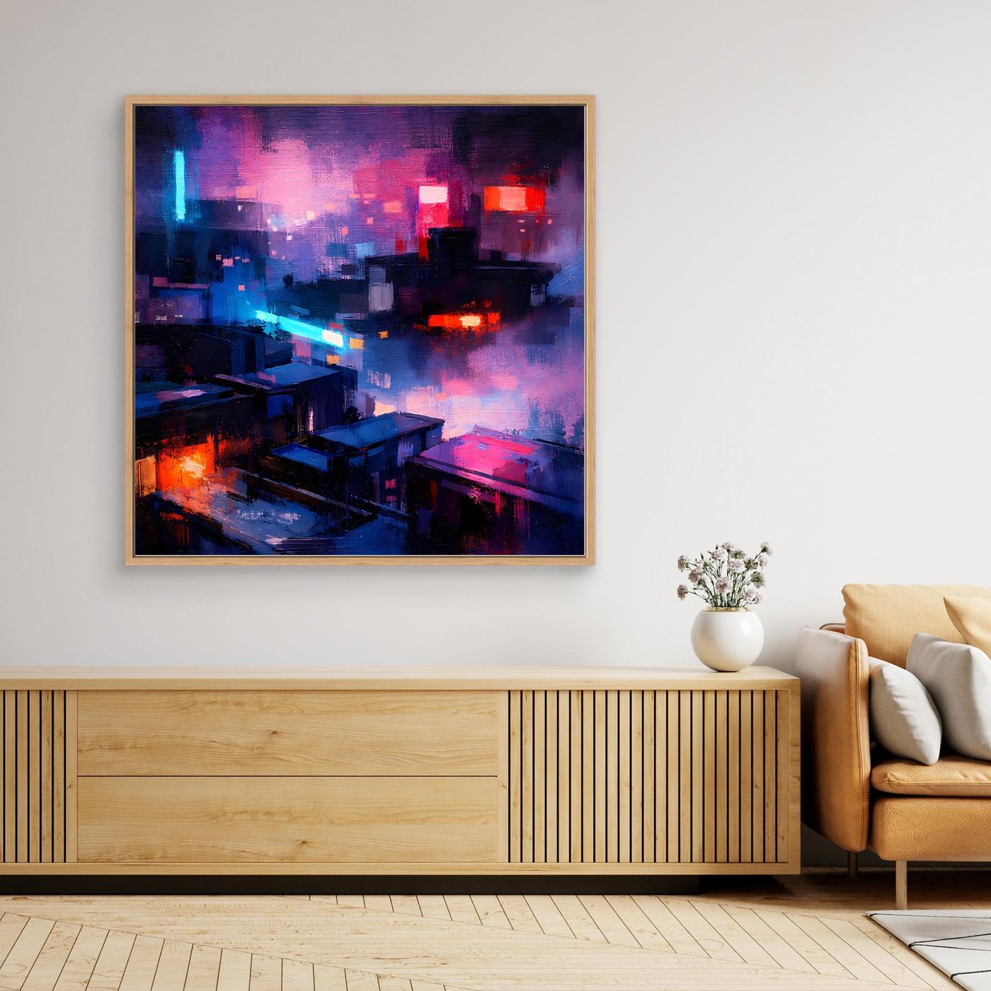 Leinwand Cyberpunk City bei Nacht | Modernes Neon-Dystopie Wandbild auf echter Leinwand