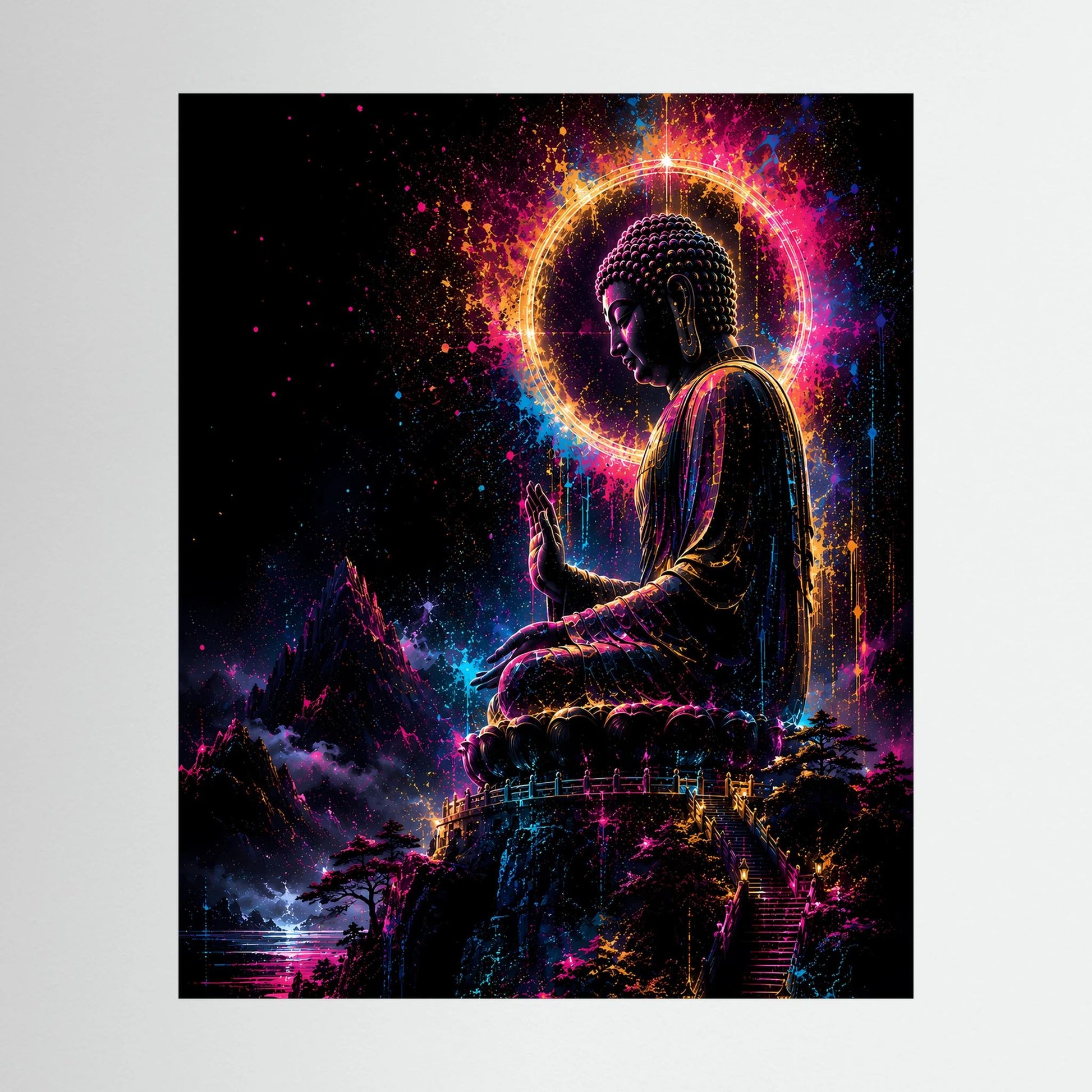 Hochformat-Poster mit sitzendem Buddha in Neonlicht, leuchtender Aura und bunten Partikeln