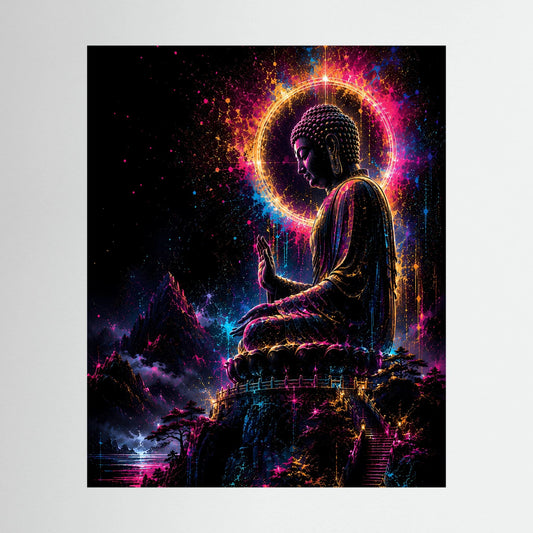 Hochformat-Poster mit sitzendem Buddha in Neonlicht, leuchtender Aura und bunten Partikeln