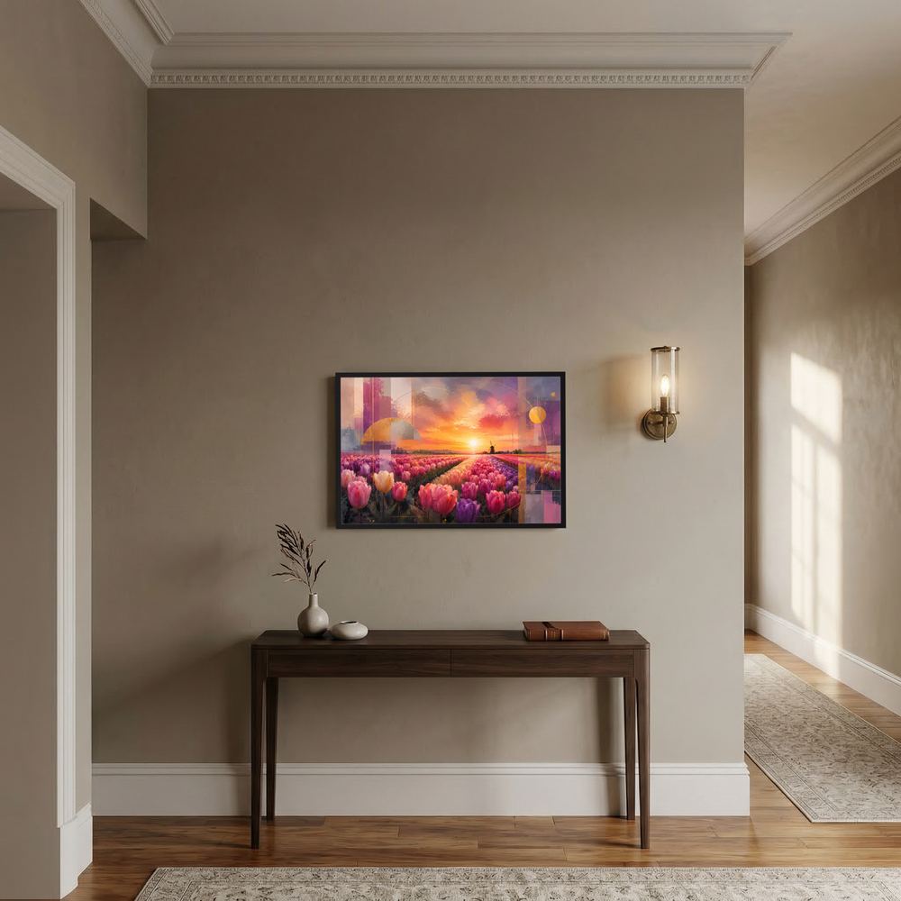 Querformat-Poster mit abstrakter Blumenlandschaft, Windmühle sowie Rosa- und Goldtönen im Rahmen